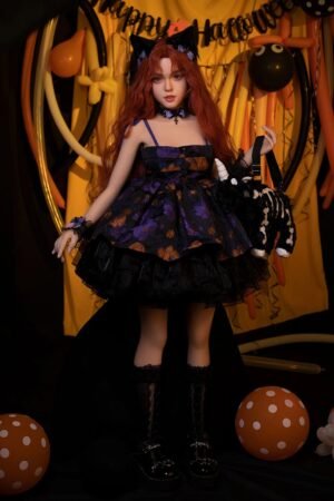 Uma 140cm 25kg auburn wavy hair petite gothic cat ears TPE sex doll floral dress EU warehouse stock