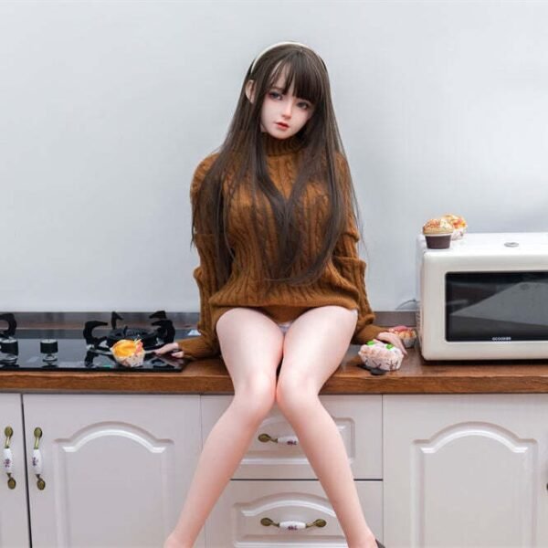 Mina 148cm 28kg brunette long hair petite Asian TPE sex doll cozy brown knit sweater EU warehouse stock