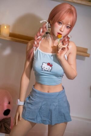 Thea 140cm 25kg pink twin braids hair petite anime cosplay Asian TPE sex doll pastel blue outfit EU warehouse stock