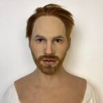 Paul hyper realistic silicone male mask with brown hair and full beard with chest plate front view