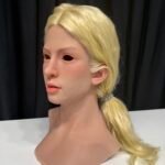 Noah realistic silicone female mask with blonde hair and chest plate front view