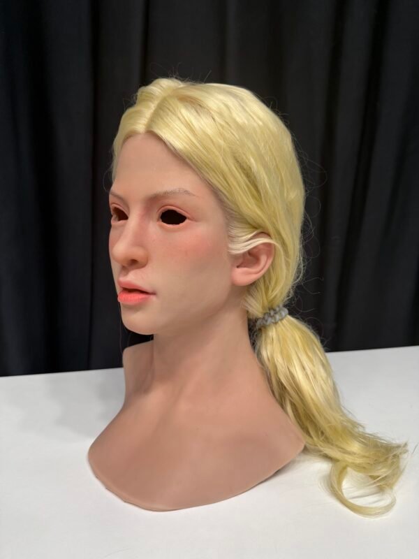 Noah realistic silicone female mask with blonde hair and chest plate front view