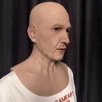 Roy realistic bald old man silicone mask with wrinkles and chest plate front view