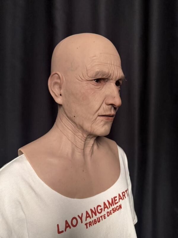 Roy realistic bald old man silicone mask with wrinkles and chest plate front view