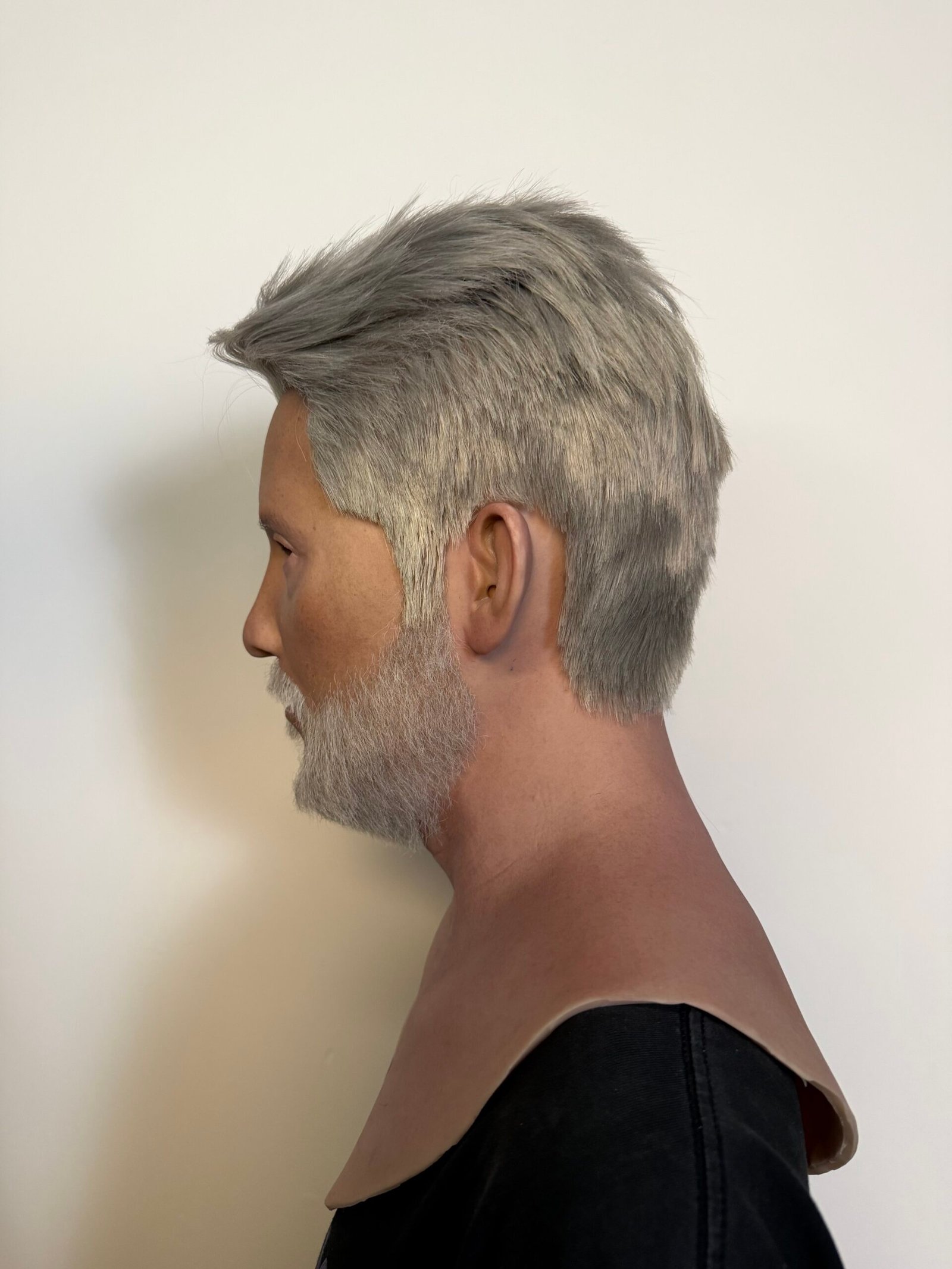 Bob ultra-realistic elderly male silicone mask with styled grey hair and full beard for disguise and film FX