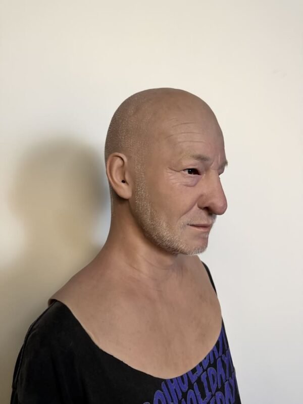 Tim ultra-realistic bald elderly male silicone mask with grey stubble beard for disguise and film FX