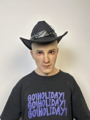 Alan realistic bald male silicone mask with smiling expression and chest plate front view