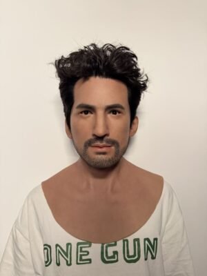 Alex ultra-realistic male silicone mask with styled wavy black hair and trimmed beard for disguise and film FX