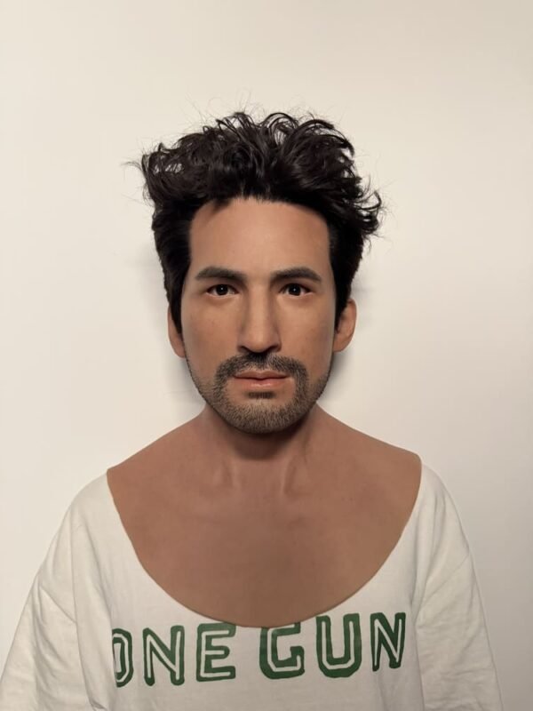 Alex ultra-realistic male silicone mask with styled wavy black hair and trimmed beard for disguise and film FX