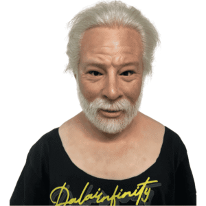 Bick realistic old man silicone mask with styled white hair and full beard front view