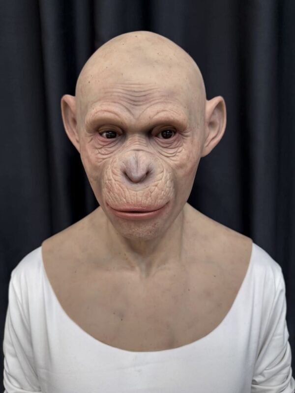 Cole realistic chimpanzee ape silicone mask with wrinkles and chest plate front view