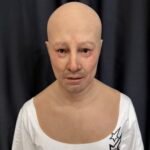 Dean realistic bald male silicone mask with aging skin texture and chest plate front view