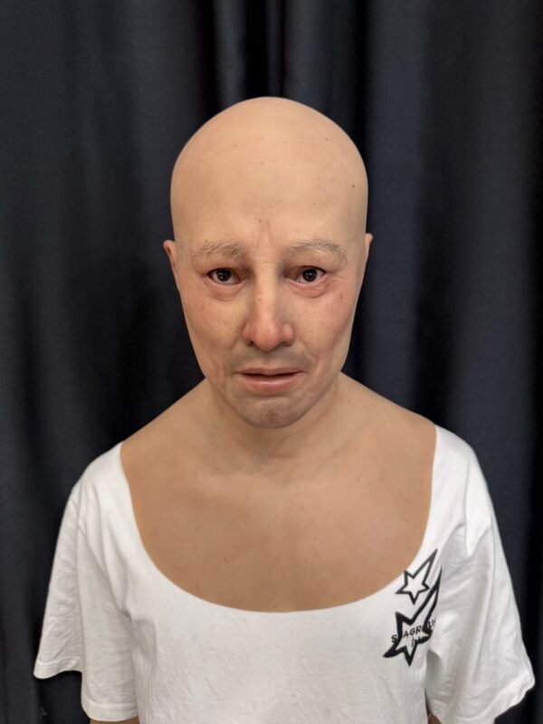 Dean realistic bald male silicone mask with aging skin texture and chest plate front view
