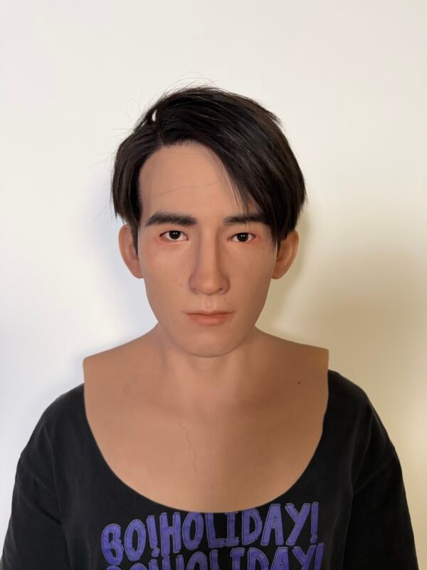 Max ultra-realistic Asian male silicone mask with styled black hair for film FX and cosplay