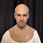 Guy realistic bald male silicone mask with natural skin texture and chest plate front view