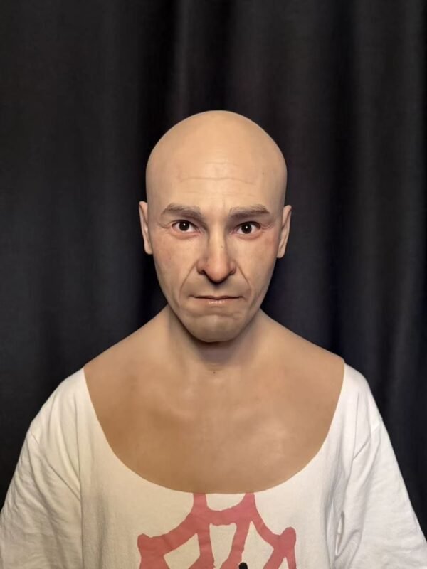 Guy realistic bald male silicone mask with natural skin texture and chest plate front view