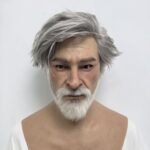 Ian realistic old man silicone mask with grey hair and white beard front view