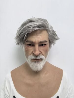 Ian realistic old man silicone mask with grey hair and white beard front view