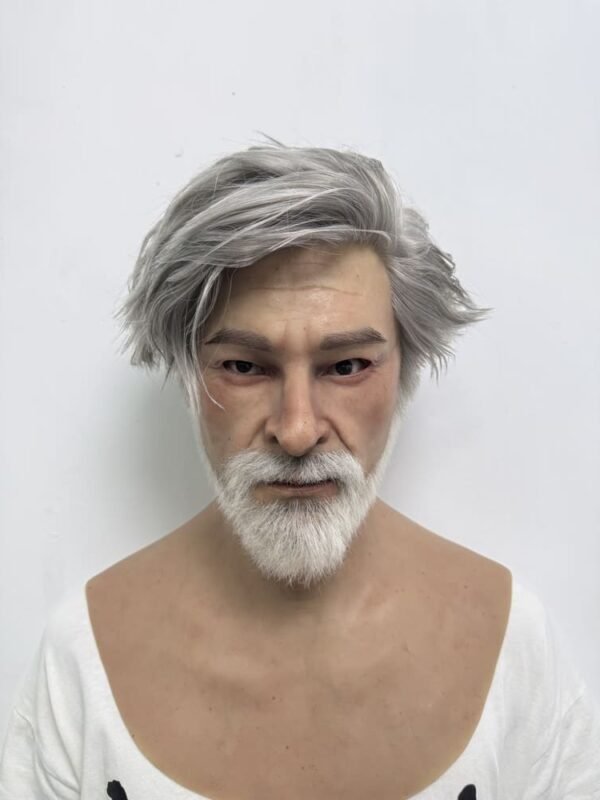 Ian realistic old man silicone mask with grey hair and white beard front view
