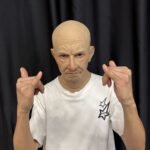 Joel realistic bald old man silicone mask with wrinkles and chest plate side view