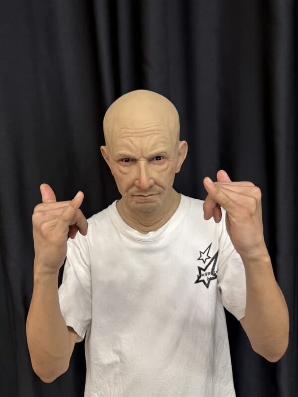 Joel realistic bald old man silicone mask with wrinkles and chest plate side view