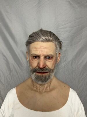 Kyle realistic old man silicone mask with styled grey hair and full beard front view