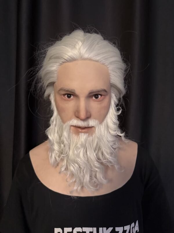 Luke ultra-realistic elder male silicone mask with styled white hair and long curly beard for film FX and cosplay