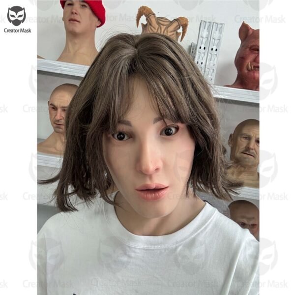 Mike realistic silicone female mask with brown styled hair and chest plate front view