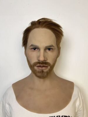 Ray realistic silicone male mask with brown styled hair and full beard front view