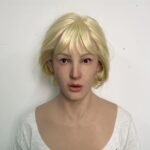 Ron realistic silicone female mask with blonde hair and chest plate front view