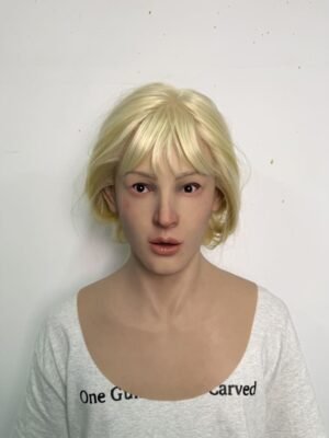 Ron realistic silicone female mask with blonde hair and chest plate front view