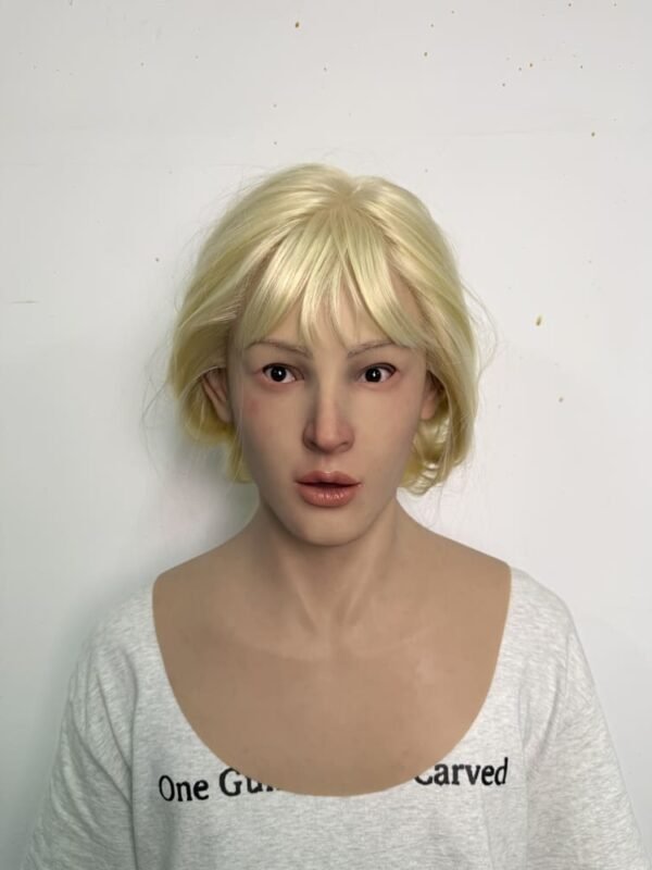 Ron realistic silicone female mask with blonde hair and chest plate front view
