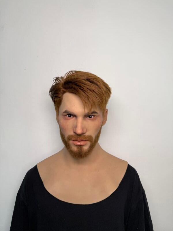 John realistic silicone male mask with styled brown hair and beard front view