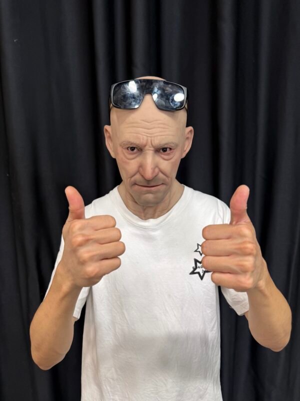 Evle realistic bald old man silicone mask with wrinkles and chest plate front view