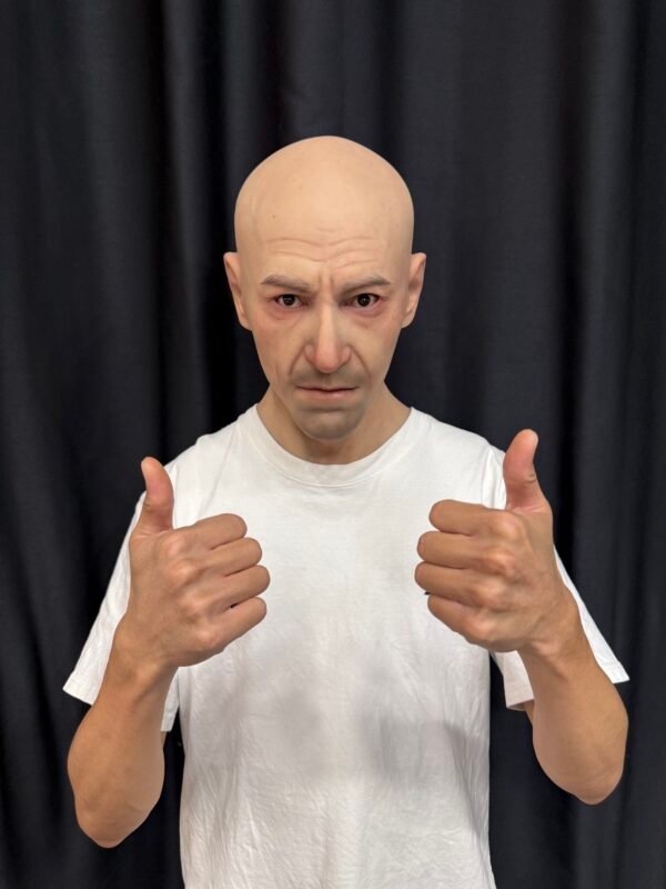 Neil realistic bald Caucasian male silicone mask with chest plate front view